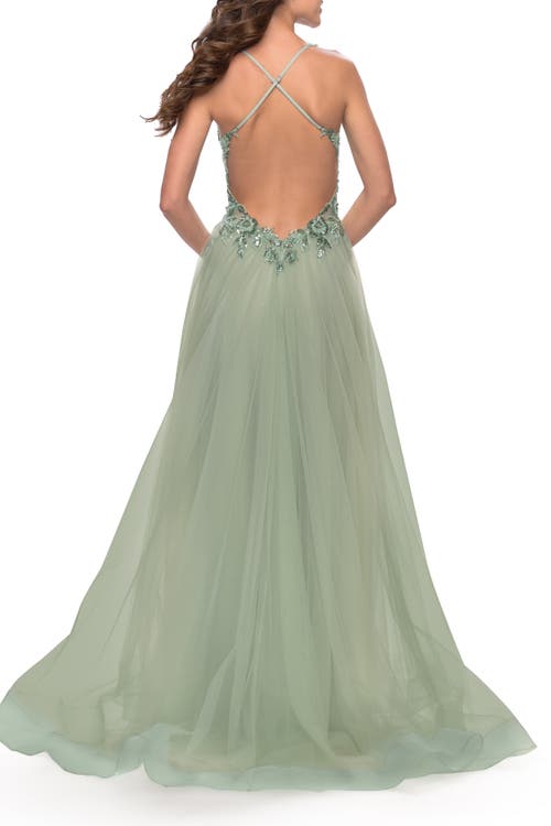 La Femme Tulle A-line Gown With Sheer Bodice And Beaded Lace Detail In Sage