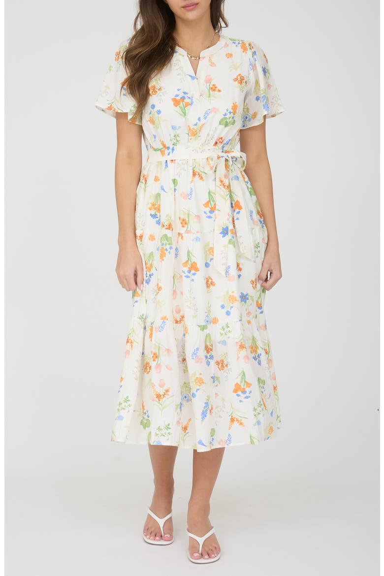 Flutter Sleeve Midi Dress, Main, color, IVORY MULTI
