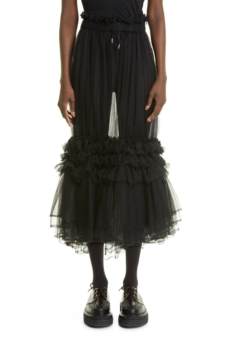Tiered Tulle Midi Skirt, Main, color, BLACK