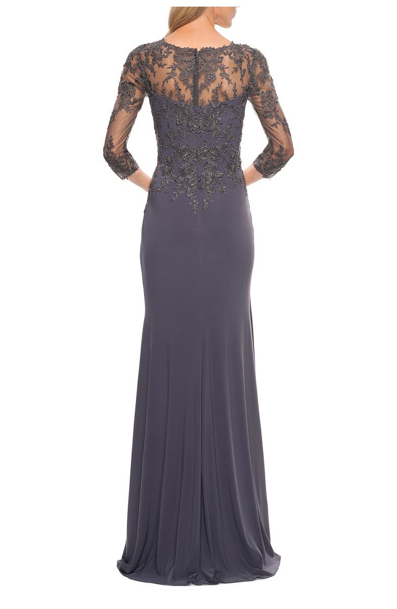 La Femme Lace and Net Jersey Gown with Illusion Sleeves, Alternate, color, Gunmetal