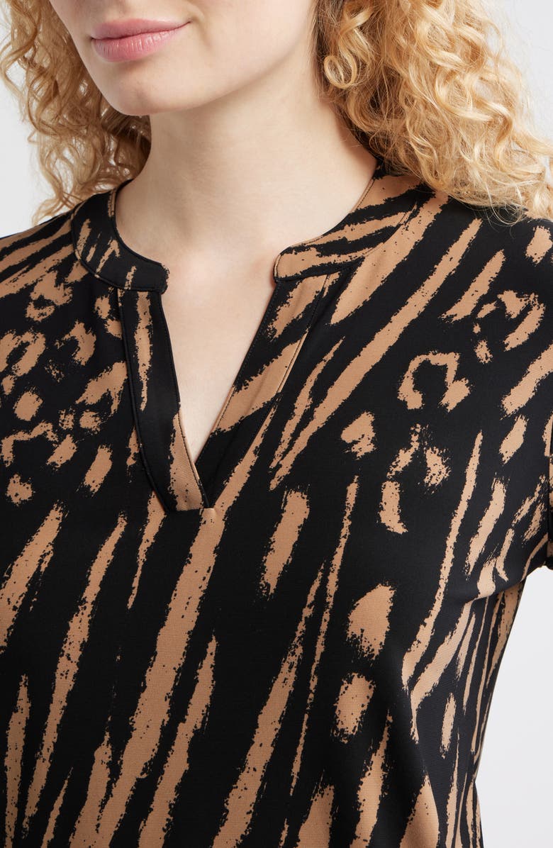 AK ANNE KLEIN Printed Split Neck Top, Alternate, color, Anne Black/ Vicuna