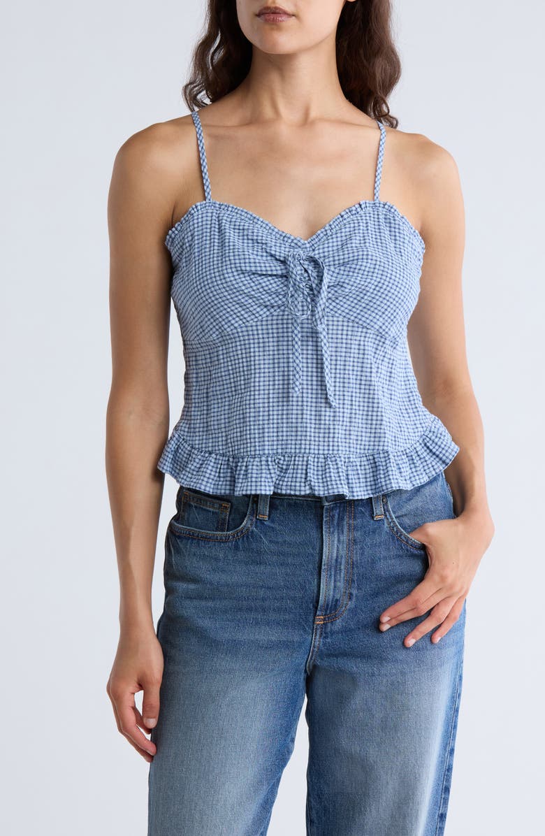 Melrose and Market Cinch Tie Front Ruffle Hem Top, Main, color, Blue- Blue Indigo Mini Gingham