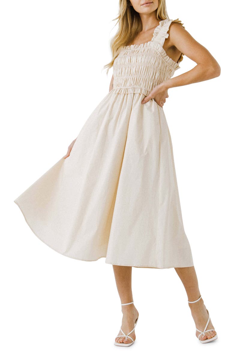 Ruffle Strap Cotton Midi Dress, Main, color, BEIGE