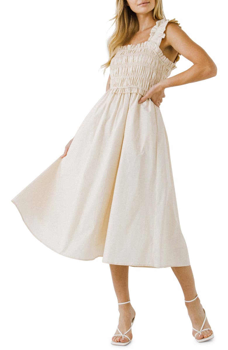 English Factory Ruffle Strap Cotton Midi Dress, Main, color, Beige