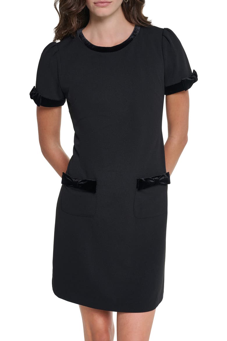 Velvet Detail Scuba Crepe Shift Minidress, Alternate, color, BLACK