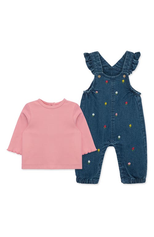 Little Me Rib T-Shirt & Embroidered Floral Overalls Set in Blue 