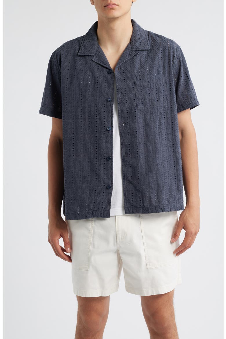 Embroidered Eyelet Cotton Camp Shirt, Main, color, NAVY INDIA INK