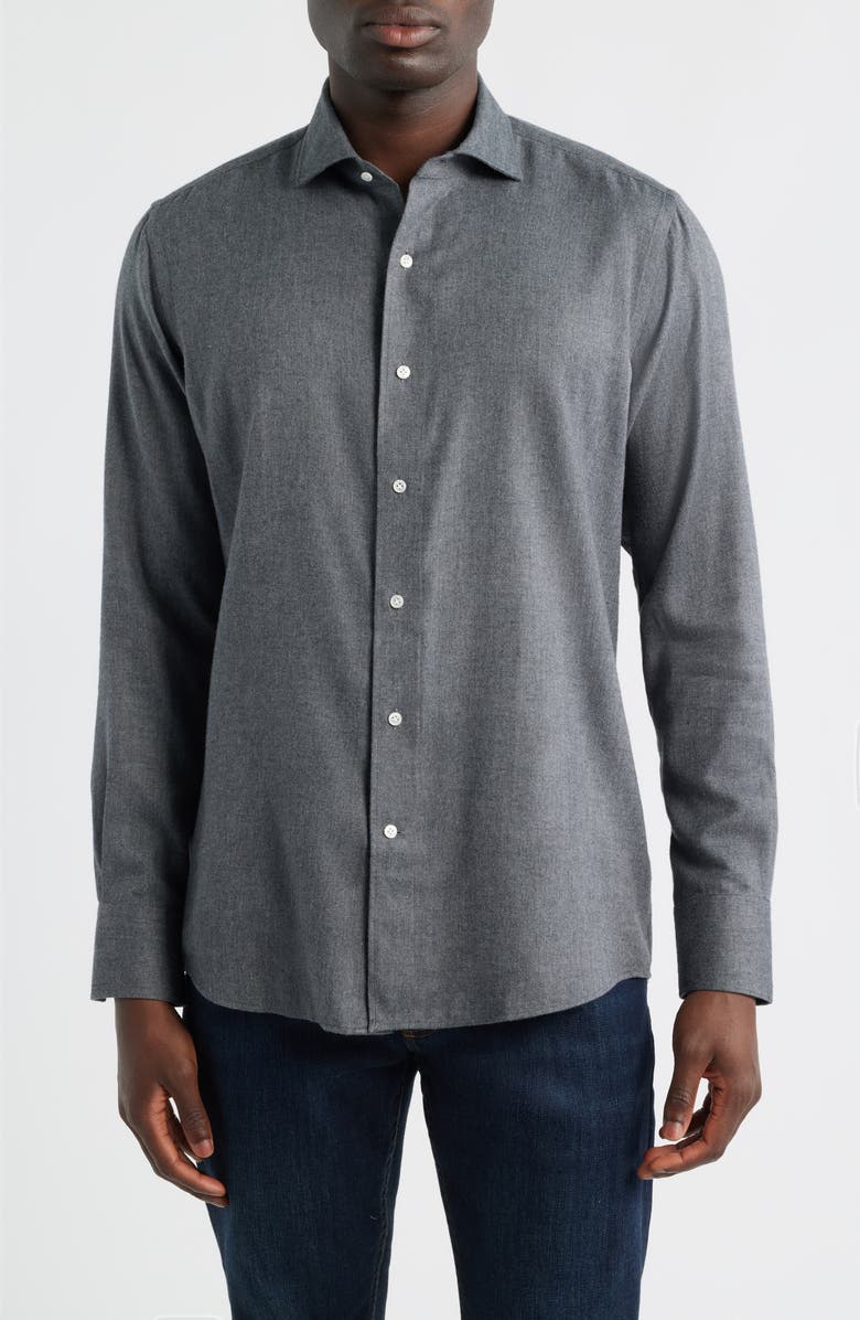 Peter Millar Brixen Tailored Fit Italian Cotton Blend Flannel Button-Up Shirt, Main, color, Iridium