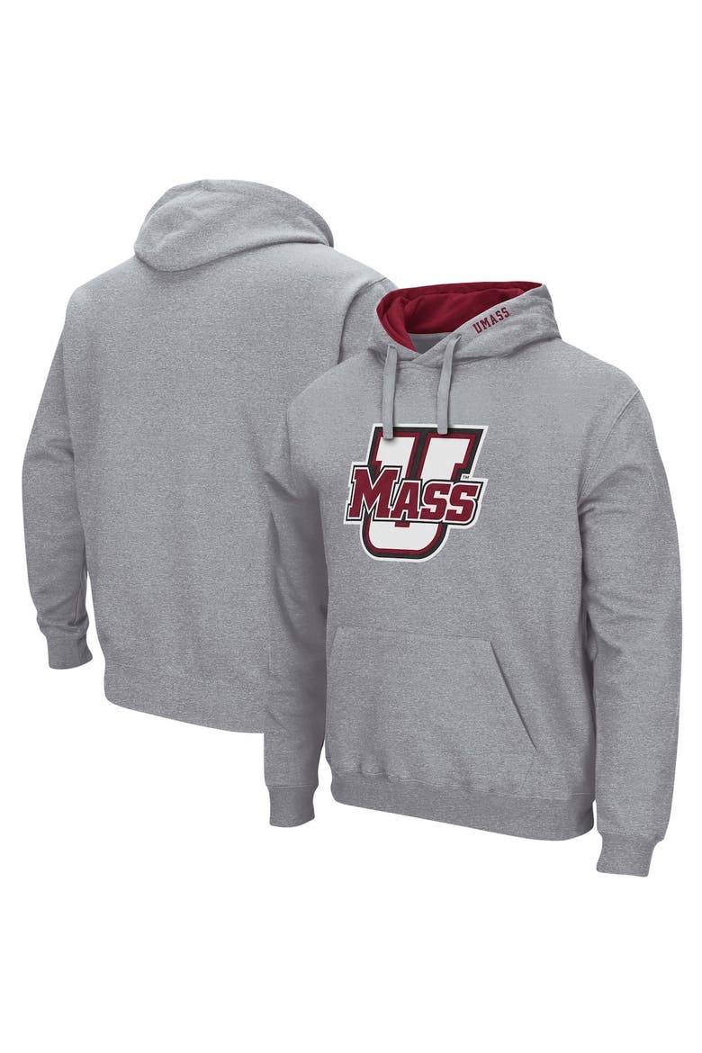 Men's Colosseum Heathered Gray UMass Minutemen Arch and Logo Pullover Hoodie, Main, color, Heather Gray