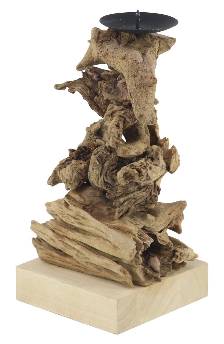 GINGER BIRCH STUDIO Large Recycled Natural Brown Tree Root Wooden Pillar Candle Holder with Spike, Alternate, color, 