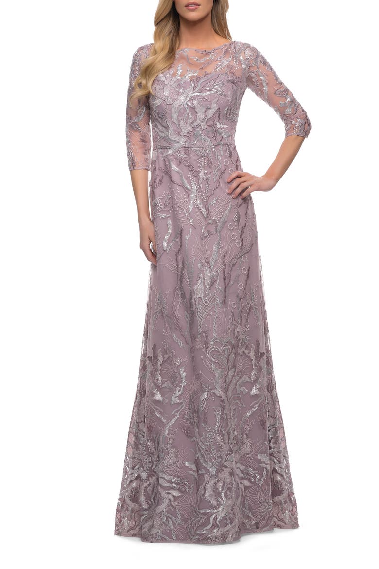 Sequin Lace Long Dress with Sheer Sleeves, Alternate, color, Mauve