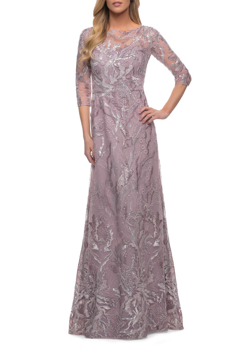 La Femme Sequin Lace Long Dress with Sheer Sleeves, Alternate, color, Mauve