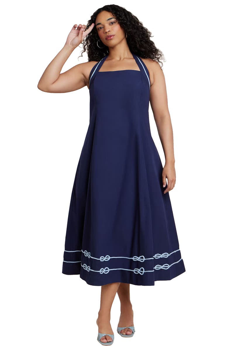 ELOQUII Halter Neck Poplin Midi Dress, Main, color, Evening Blue