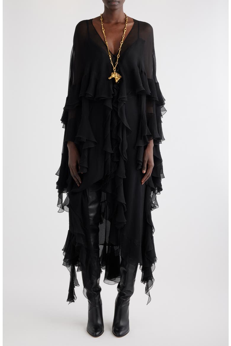 Ruffle Silk Georgette Slipdress, Main, color, BLACK