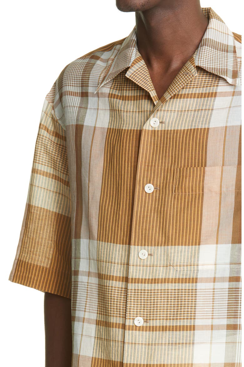 Plaid Cotton & Linen Button-Up Camp Shirt, Alternate, color, 125 LIGHT YELLOW W/ LIGHT BLUE