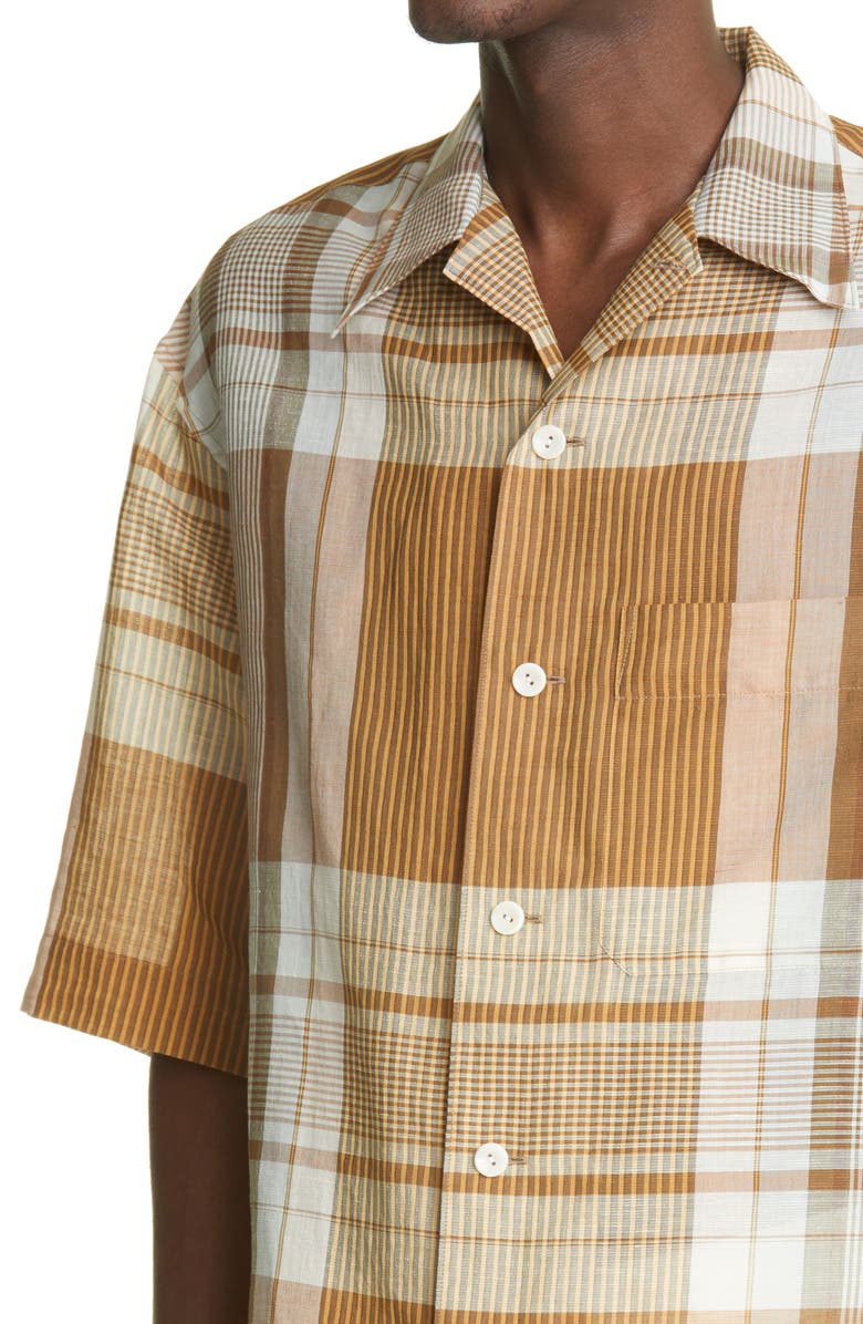 Lemaire Plaid Cotton & Linen Button-Up Camp Shirt, Alternate, color,