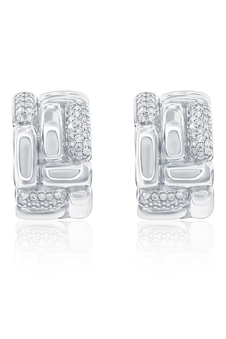 Cubic Zirconia Checkered Woven Huggie Hoop Earrings, Main, color, WHITE/ SILVER