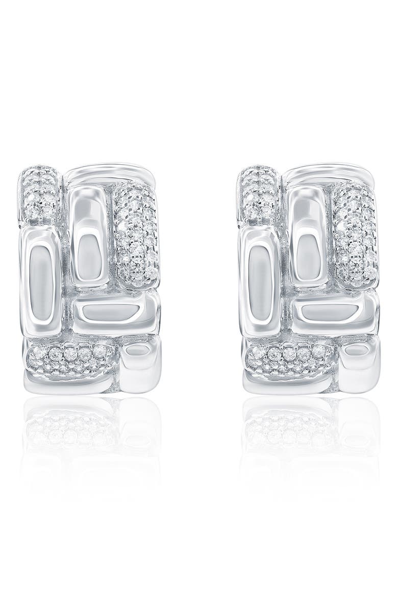 SUZY LEVIAN Cubic Zirconia Checkered Woven Huggie Hoop Earrings, Main, color, White/ Silver