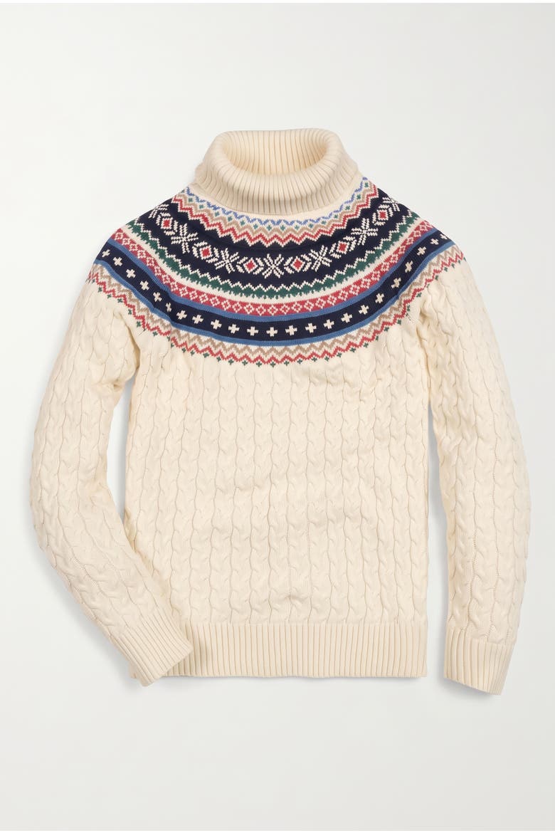 Women's Organic Cotton Turtleneck Cable Sweater, Alternate, color, Ivory and Multi Fair Isle