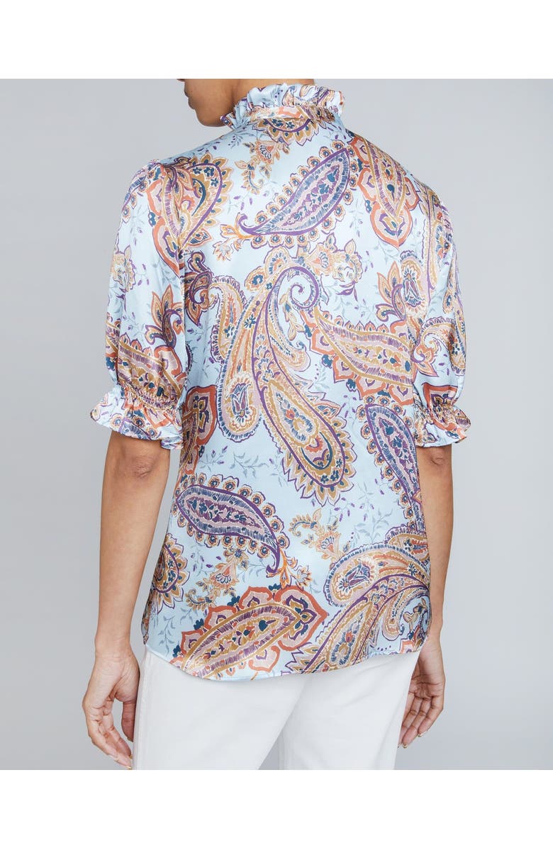 Santorelli ELISA Ruffle Neck Short Sleeve Blouse in Printed Silk Charmeuse, Alternate, color,
