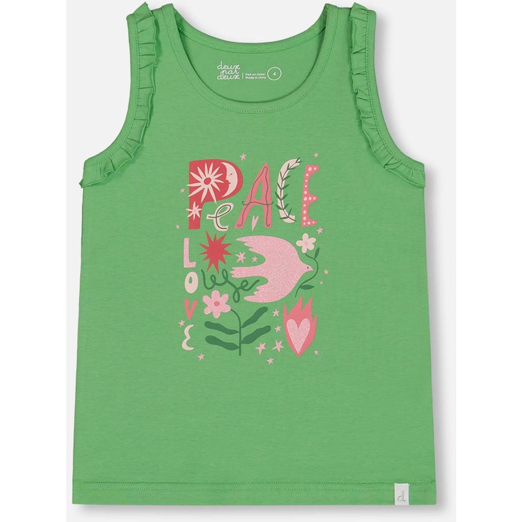 Deux Par Deux Girl's Organic Cotton Tank With Frills Flowers On Green Background In Flowers On Green Background