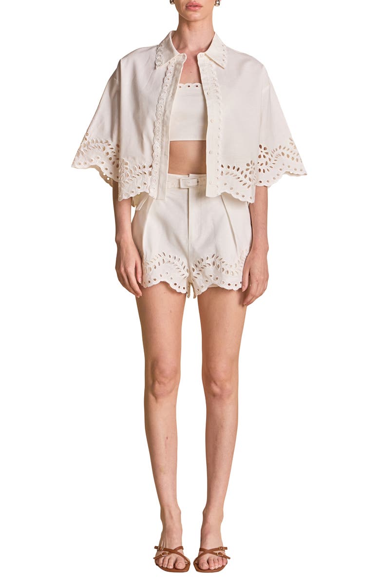 Endless Rose Cotton & Linen Eyelet Button-Up Shirt & Strapless Top Set, Main, color, White