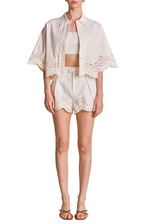 Cotton & Linen Eyelet Button-Up Shirt & Strapless Top Set
