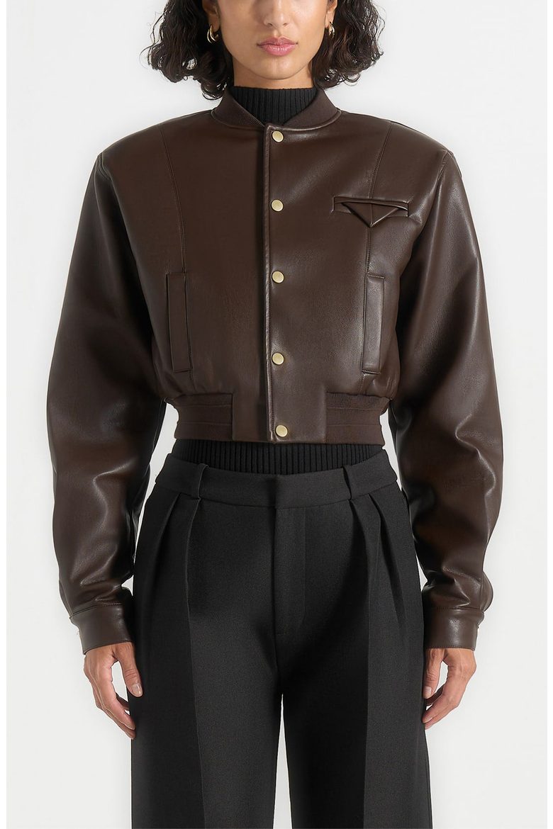 Zina Leather Wide Shoulder Bomber Jacket, Alternate, color, Brown