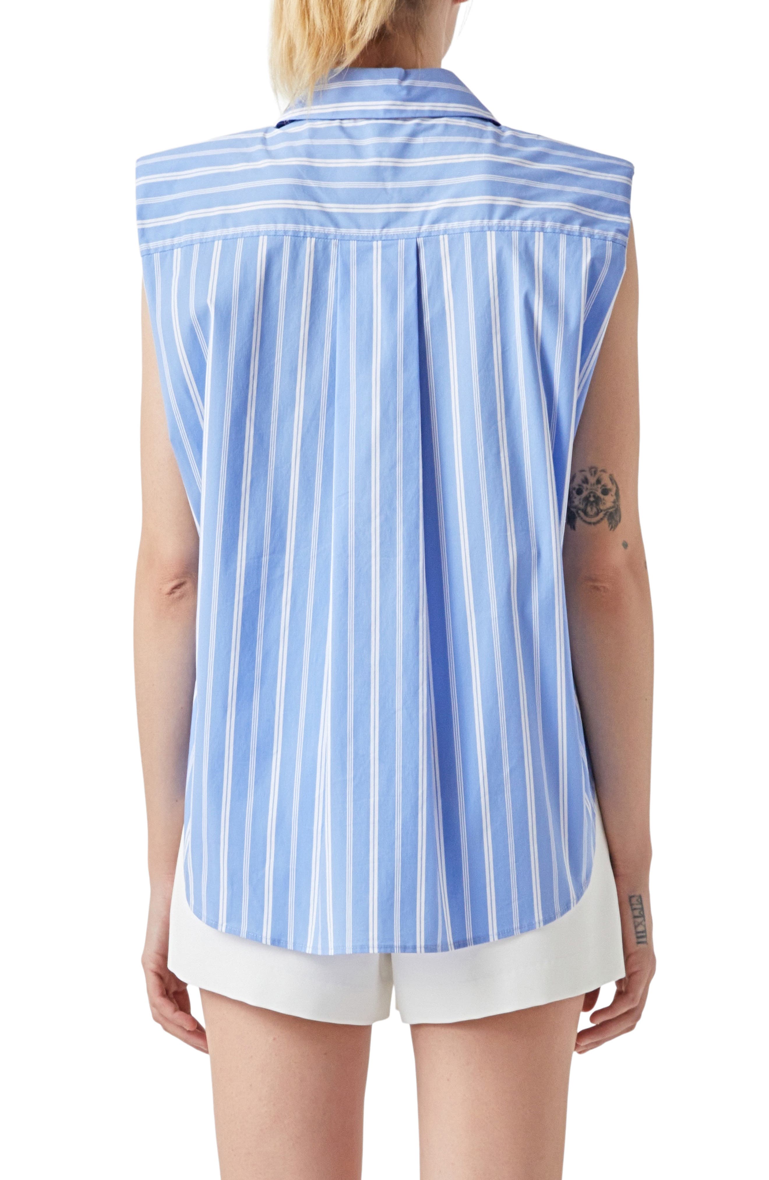 Stripe Power Shoulder Sleeveless Button-Up Shirt - image 2