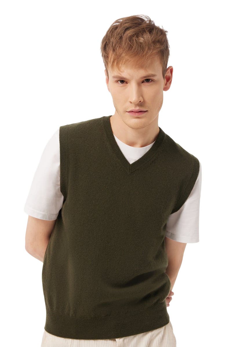 GOBI Mongolian Cashmere Essential V-Neck Cashmere Vest, Alternate, color, Capulet Olive