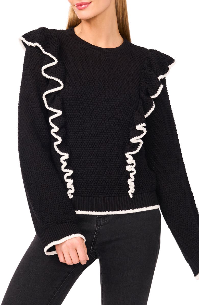 CeCe Tipped Ruffle Sweater, Main, color, Rich Black