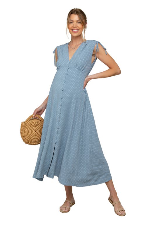 PinkBlush Button-Down Polka Dot Shirred Bow Midi Dress in Blue  product