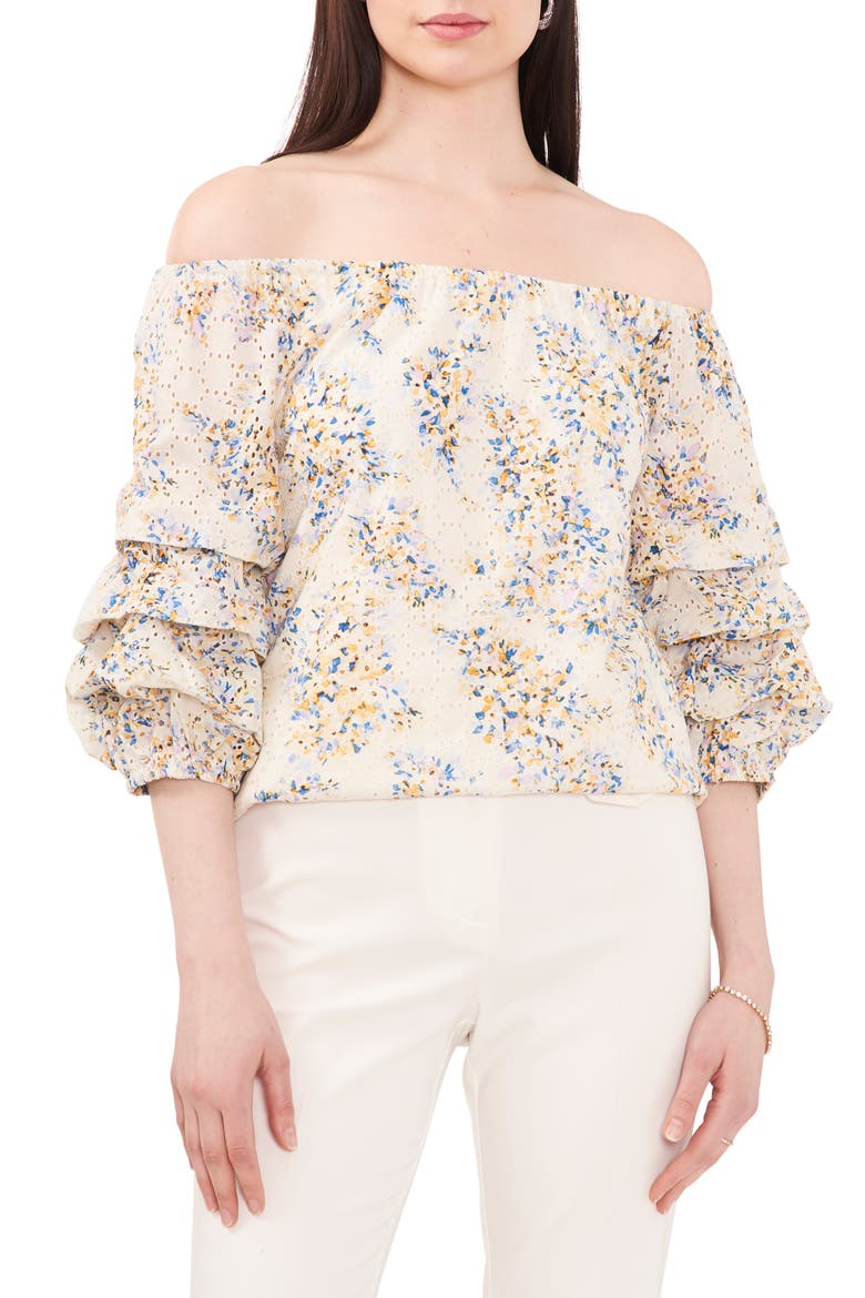 Eyelet Bubble Sleeve Off the Shoulder Blouse, Main, color, IVORY/LAVENDER/BLUE