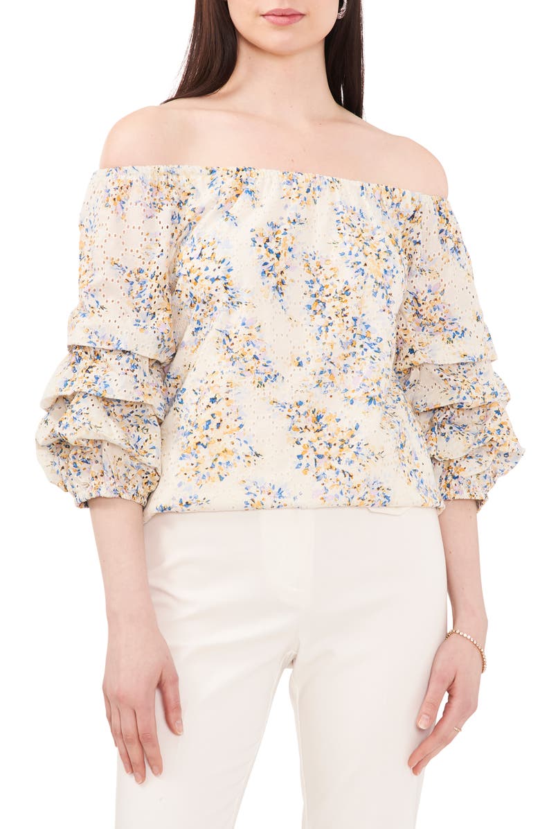 Chaus Eyelet Bubble Sleeve Off the Shoulder Blouse, Main, color, Ivory/Lavender/Blue