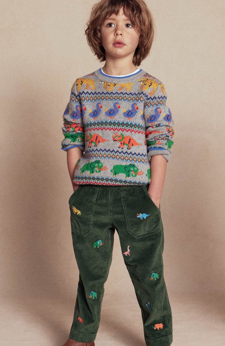 Mini Boden Kids' Dino Embroidered Corduroy Pull-On Pants, Alternate, color, Prehistoric Animals Embroidery