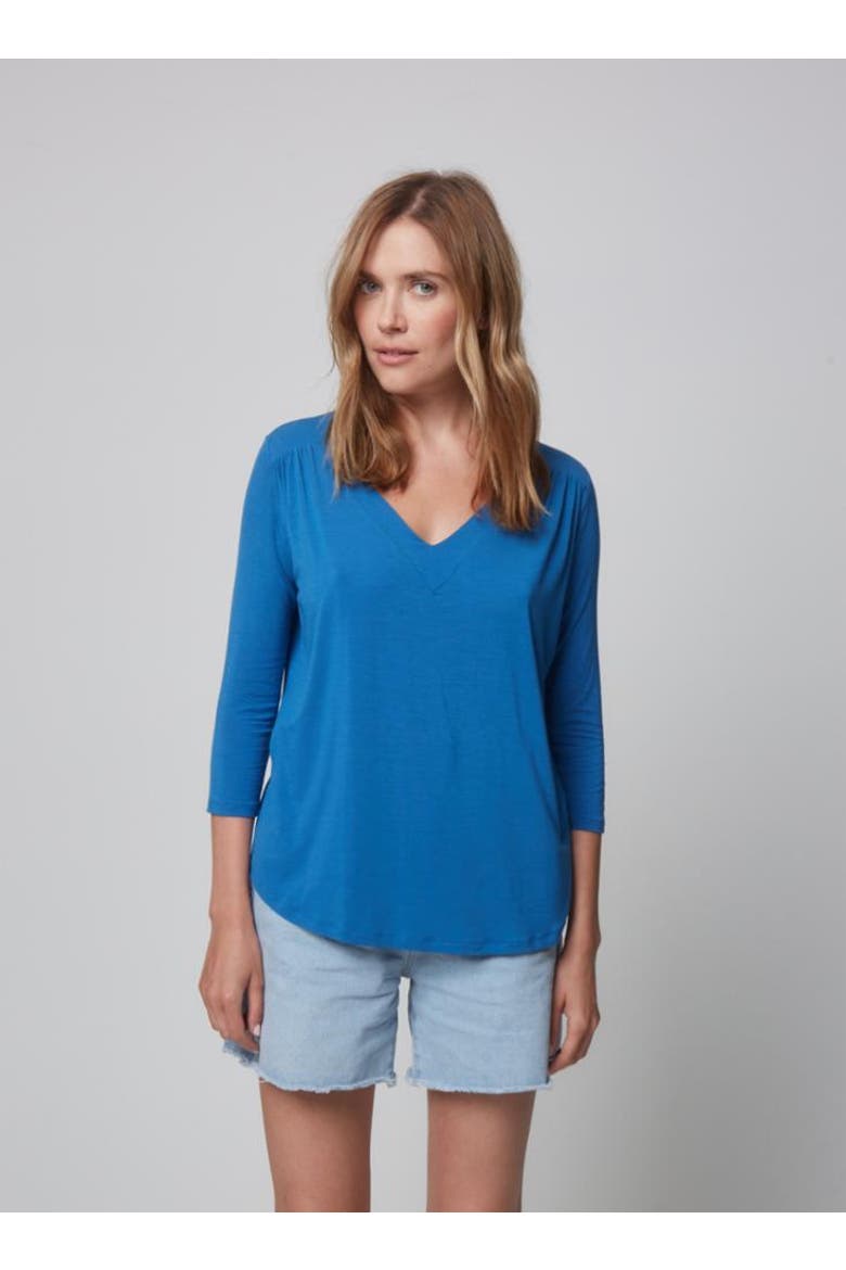Soft Touch 3/4 Sleeve Pleat Back V-Neck Top, Main, color, OCEAN