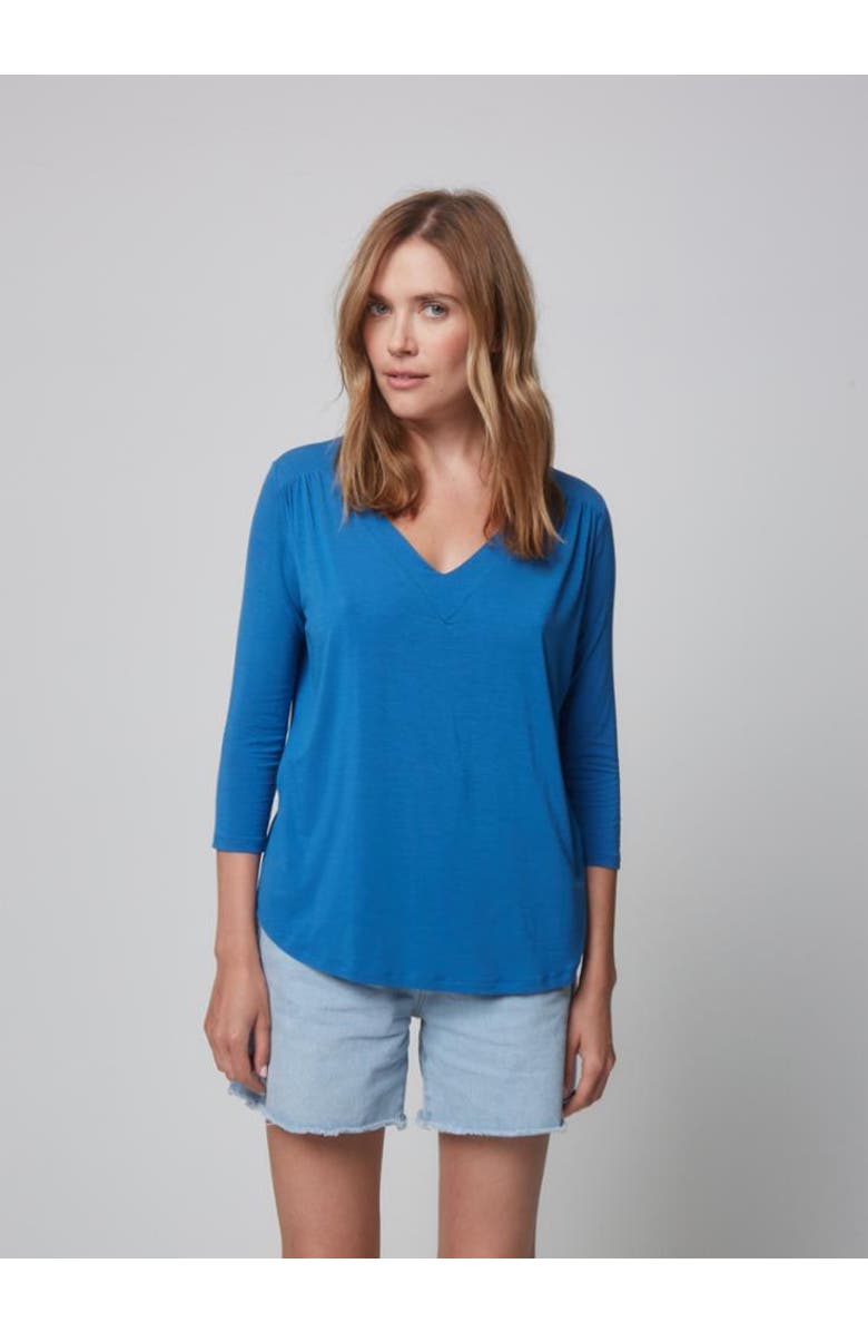 Majestic Filatures Soft Touch 3/4 Sleeve Pleat Back V-Neck Top, Main, color, Ocean