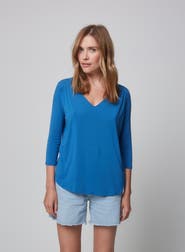 Majestic Filatures Soft Touch 3/4 Sleeve Pleat Back V-Neck Top