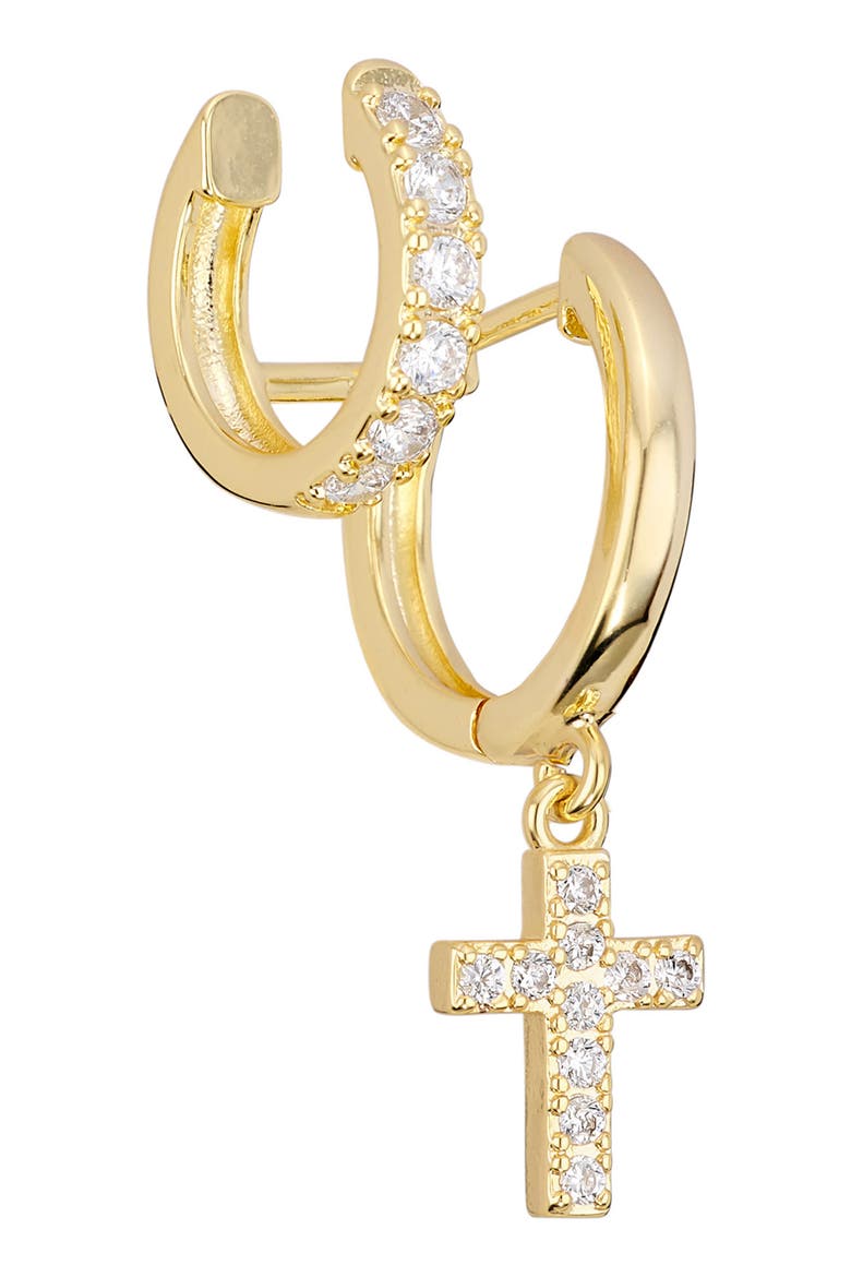Cubic Zirconia Cross Double Hoop Earrings, Alternate, color, GOLD