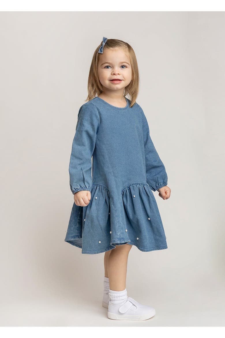 Denim Doll Long Sleeve Solid Pearl Embellished Dropwaist Dress, Main, color, Blue