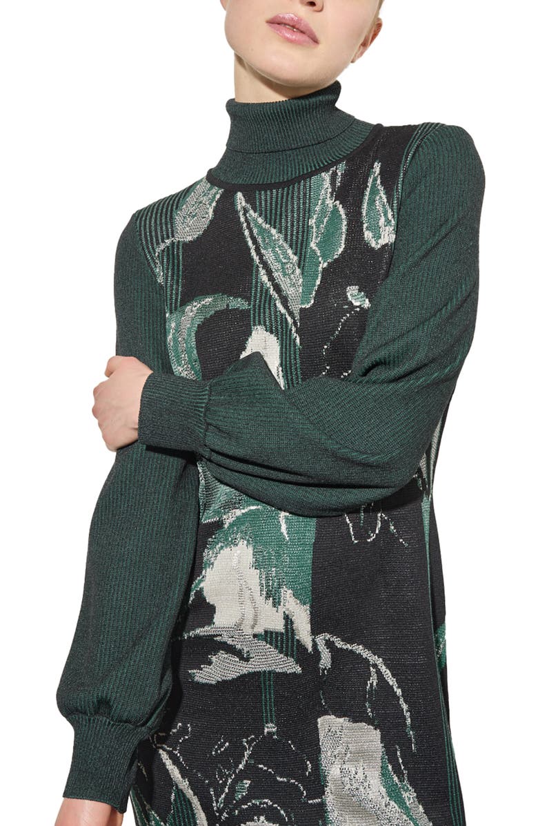 Ming Wang Botanical Long Sleeve Jacquard Knit Sweater Dress, Alternate, color, Black/ Forest