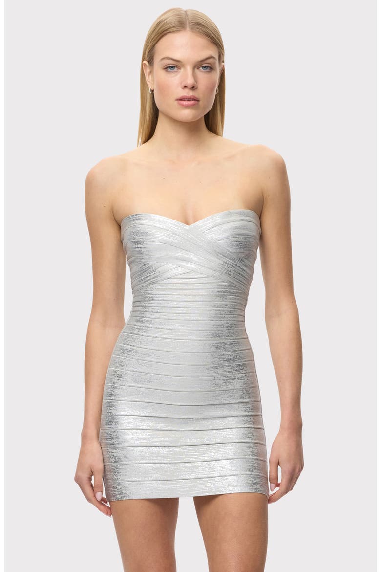 The Metallic Isla Strapless Bandage Dress, Alternate, color, SILVER FOIL