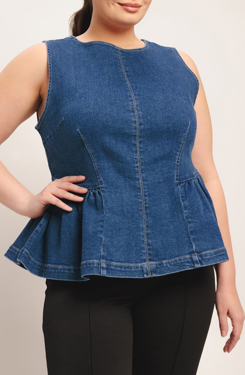 FLYING TOMATO Denim Peplum Top, Alternate, color, Medium Indigo