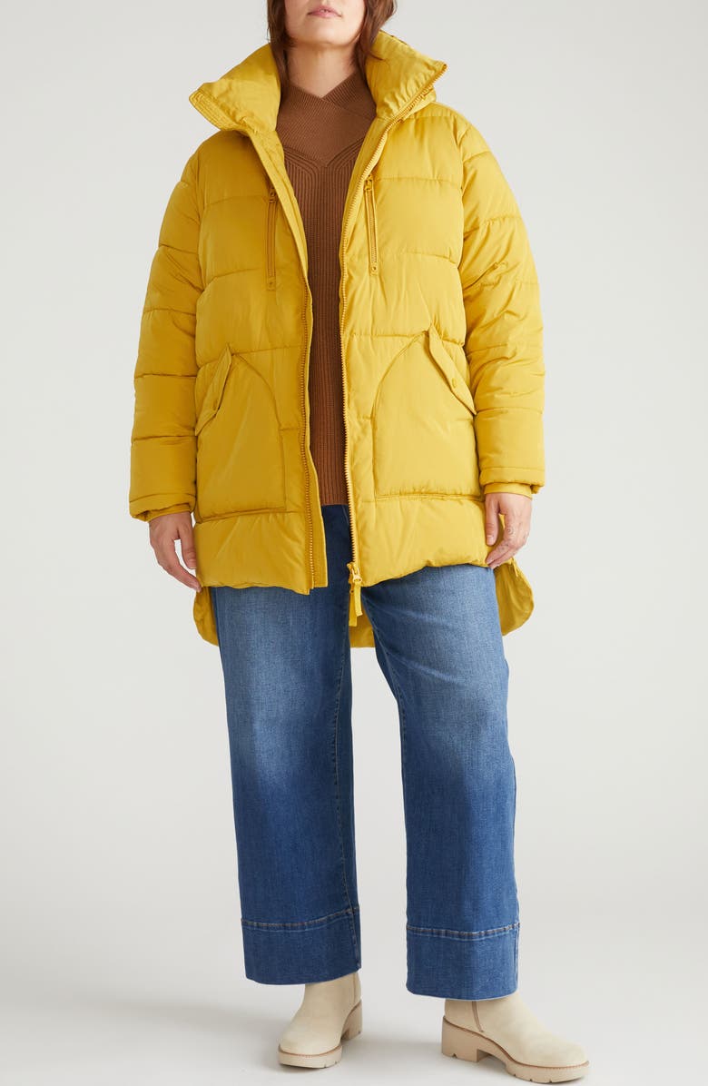 Universal Standard Matterhorn Hooded High-Low Puffer Coat, Main, color, Mustard Yellow