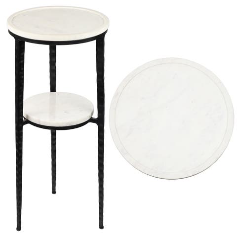 Seraphina 24.75" Industrial 2-Tier Metal Frame Drink Table and Decorative End Table with White Marble Round Top