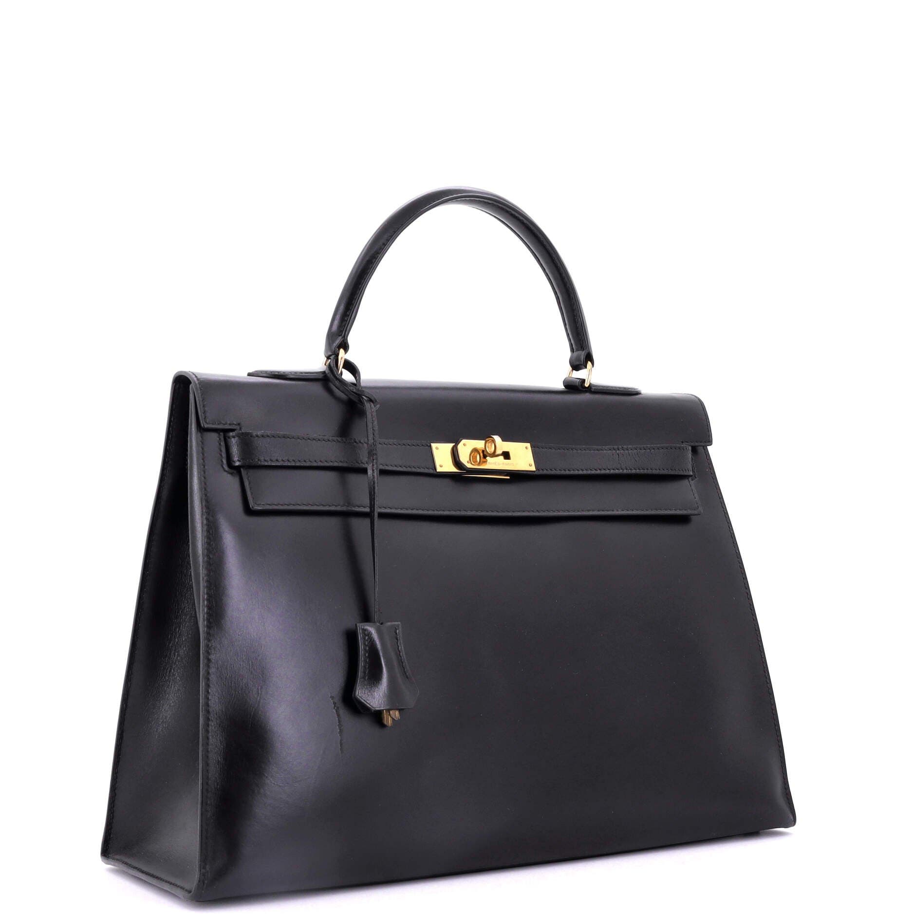 Pre-Owned Hermes Kelly Handbag Black Box Calf with Gold Hardware 35, Alternate, color, 