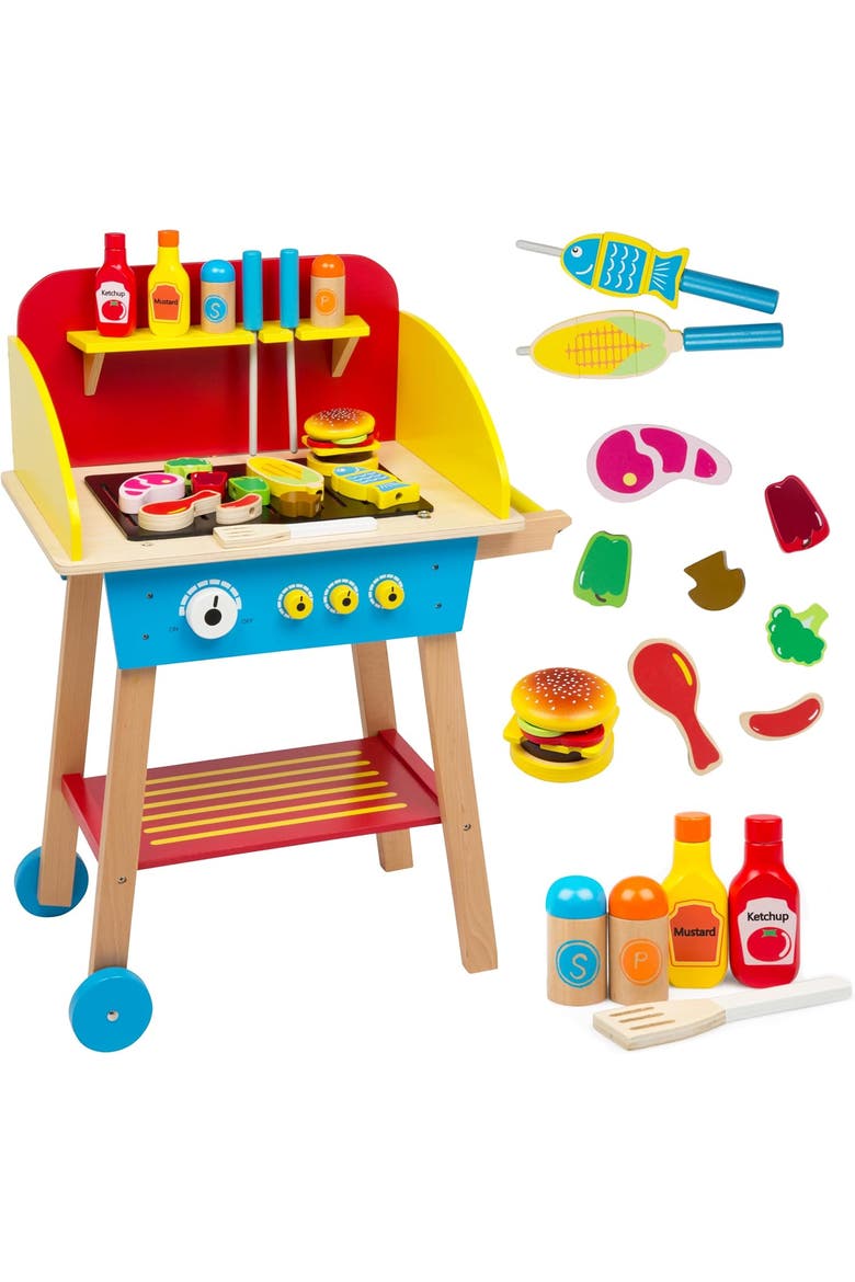 Cook 'N Grill Wood Toy BBQ Set- Pretend Play Wooden Barbeque Food & Grilling Tools for Kids, 30+ Pieces, Main, color, Red