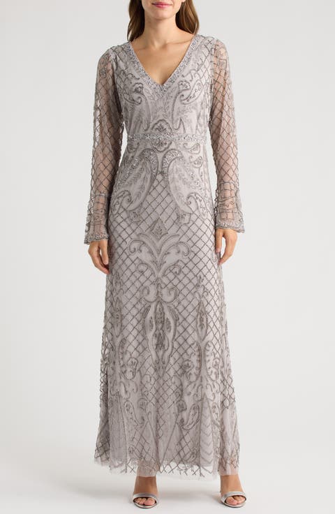 Beaded Long Sleeve Gown