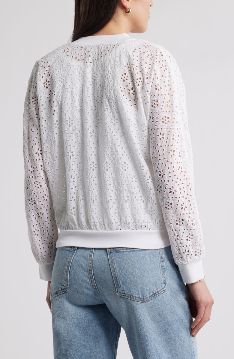 Caslon<sup>®</sup> Embroidered Eyelet Cotton Zip-Up Bomber Jacket, Alternate, color, White