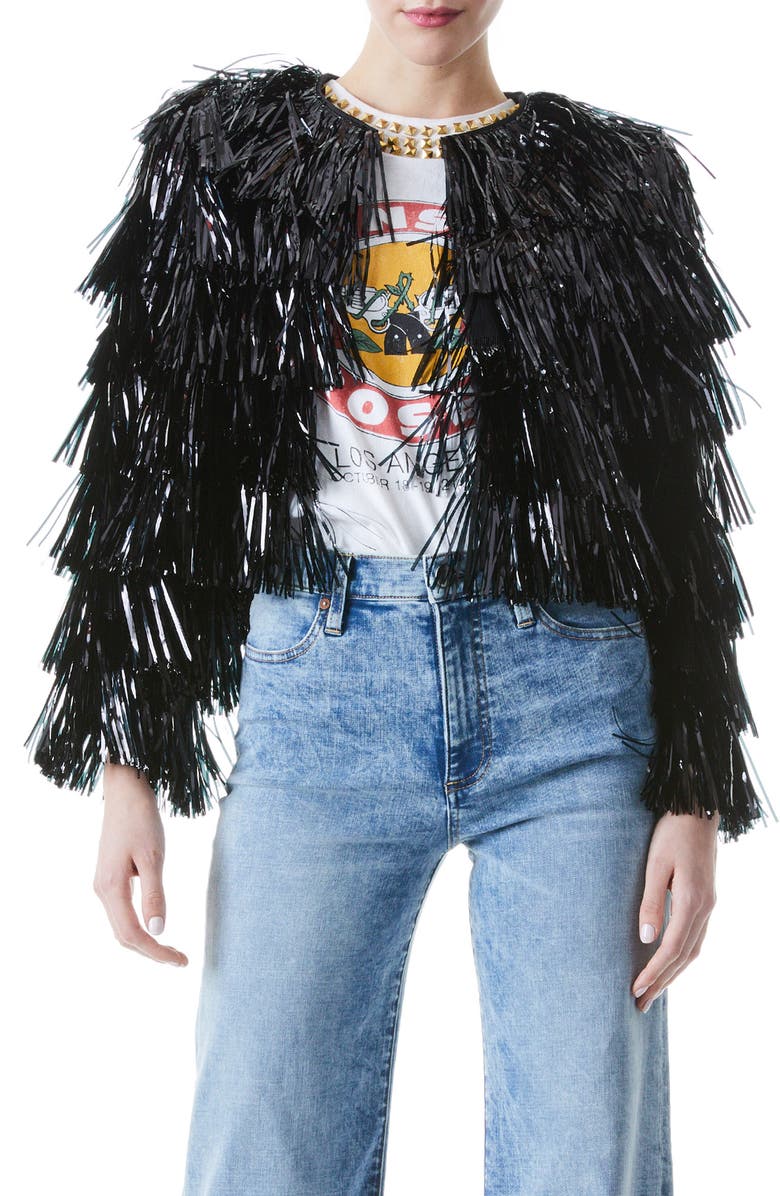 Alice + Olivia Fawn Fringe Tinsel Jacket, Main, color, 